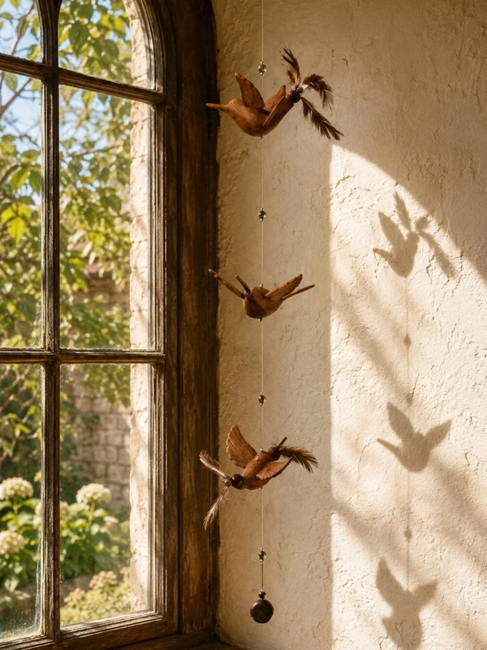 Vintage Hand Carved Wooden Hummingbirds Hanging Wind Spinner